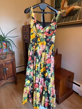 Dolce & Gabbana Black Floral Maxi Dress with Yellow, Pink & Green Blooms
